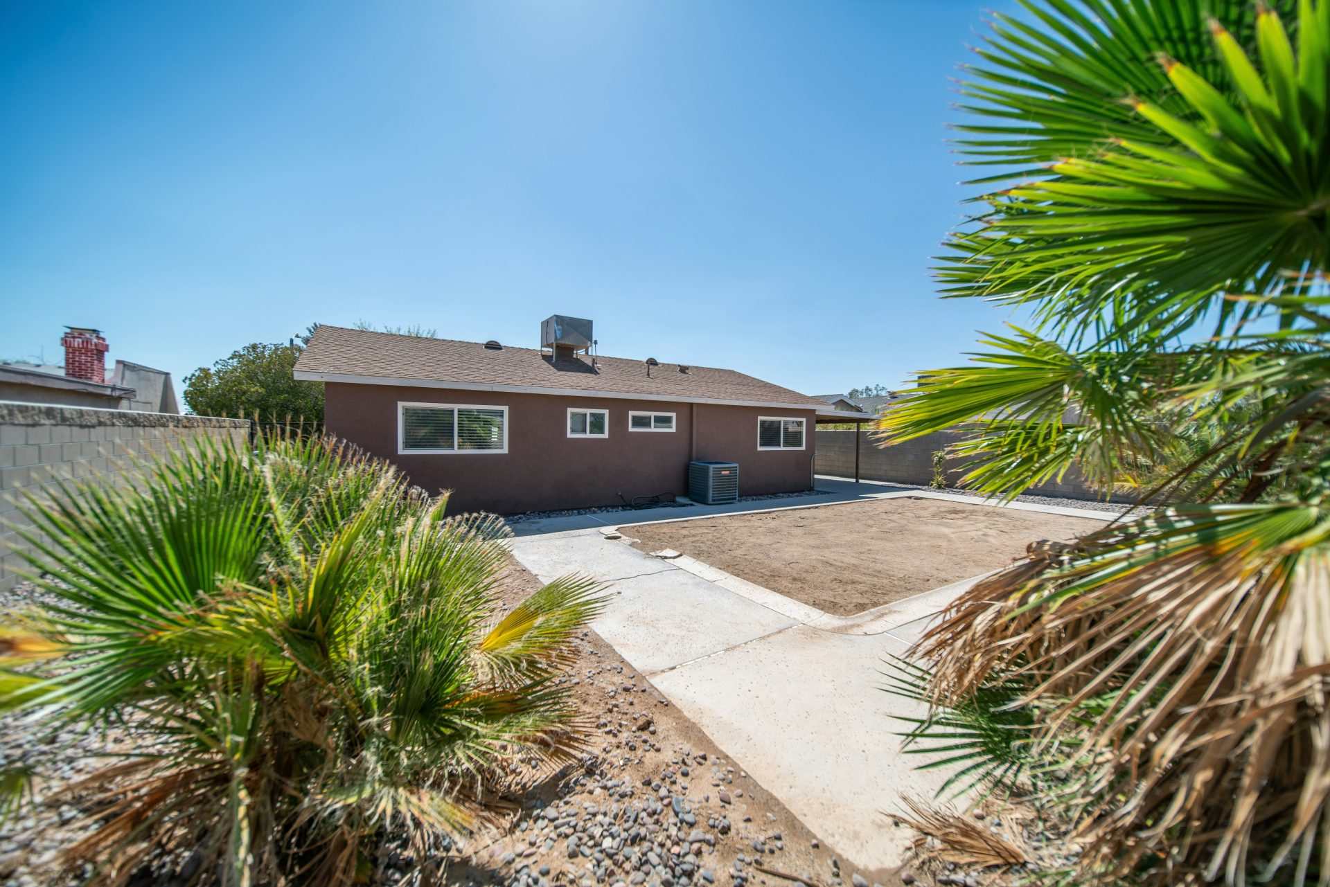 Backyard with fresh landscaping and palm trees.