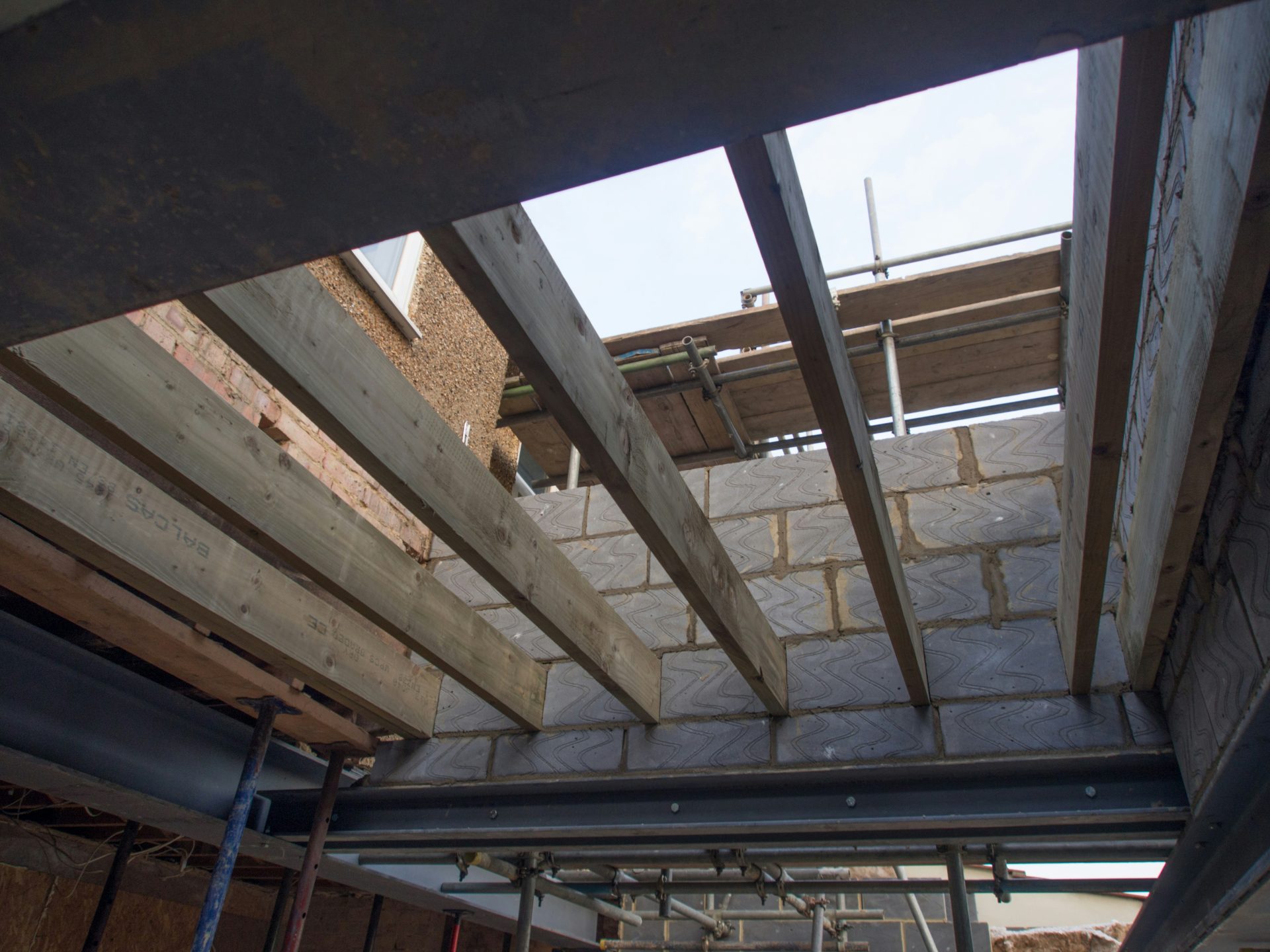 Interior view of unfinished roof construction.