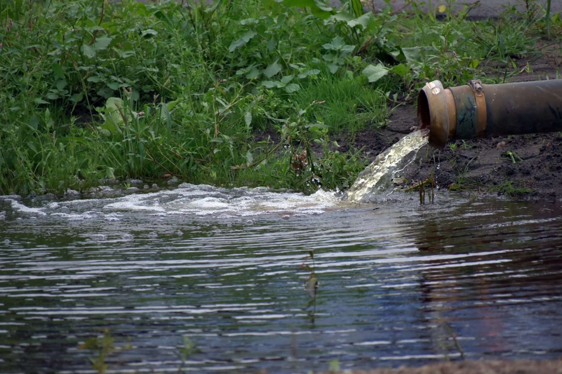 Polluted water flowing from industrial drainage pipe.